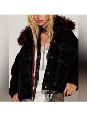 Free People Opal Swing Faux Fur Collar Denim Jacket in Black Large